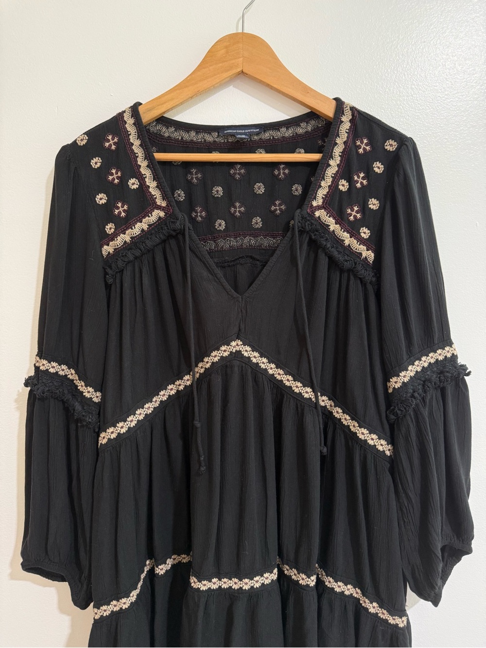 American Eagle Black Embroidered Boho Babydoll Mini Dress XL - Picture 3 of 13
